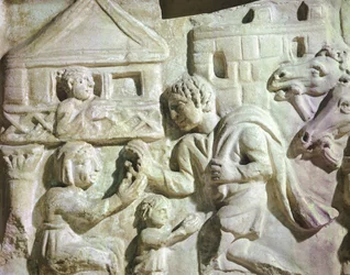 Cena de caça ao veado com rede, escarcófago romano, século IV (relevo)