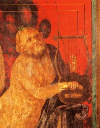 Silenus tocando lira, afresco da Vila de Mistérios, Pompeia, Campânia, Civilização Romana