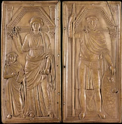 Stilicon (Flavius Stilicho ou Stiliccho, 360-408), general e político da Roma antiga de origem bárbara (pai vândalo e mãe romana). "Díptico de Stilicho": Stilicon gun e sua esposa Serena e seu filho Eucherio. Marfim, cerca de 400. Tresor do