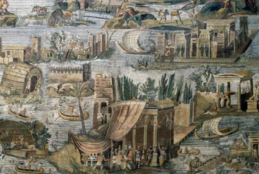 Templos ao longo do rio Nilo, detalhe do mosaico nilótico de inundação do rio Nilo no Egipto, do Santuário de Fortuna Primigenia em Palestrina, Lazio, Itália, civilização romana