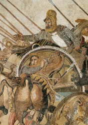 A Batalha de Isso, vencida por Alexandre III, o Grande, contra Dario (Darius) III Codomano (335 - 331 a.C.). Mosaico de Pompeia. Pormenor. Museo Archeologico Nazionale, Nápoles. (De Pompeia, Casa do Fauno)
