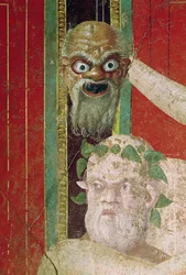 A Cabeça do Idoso Sileno, Acima da qual é uma Máscara de Sileno, Muro Este, Oecus 5, 60-50 aC