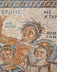 A apresentação do bebê Dionísio por Hermes. Detalhe, de, Hermes, néctar, e, Theogen, casa, de, Aion, paphos, chipre, mosaico