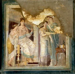 Cena de toilette e vestuário de uma dama: escravos penteiam uma jovem. De Herculano (Fresco)