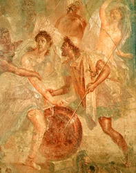 Ulisses e Diomedes reconhecem Aquiles disfarçado de Pirro fêmea entre as Filhas de Lycomedes no Skyros, de Pompéia (fresco)