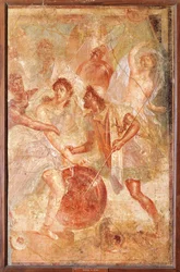 Ulisses e Diomedes reconhecem Aquiles disfarçado de Pirro fêmea entre as Filhas de Lycomedes no Skyros, de Pompéia (fresco)