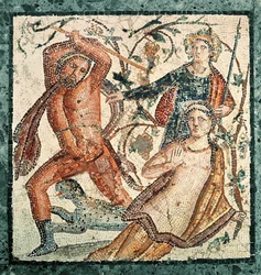 Licurgo atacando a ninfa Ambrosia, mosaico de Herculano (50-79 d.C.)