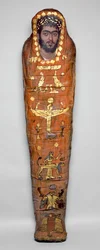 Múmia de um jovem, com retrato em encáustica, de El-Hibeh (restos humanos embrulhados em linho com painel de madeira pintada)