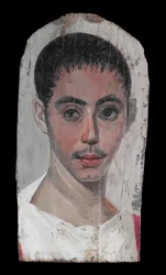 Retrato de um jovem com um corte cirúrgico em um olho, 190-210 AD (pintura de encáustica em limewood)
