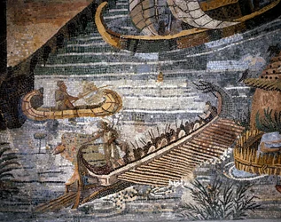Uma bireme romana (uma espécie de galere tem duas filas) Detalhe de um mosaico em Palestrina.