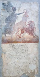 Um burro que penetra um leão é coroado pela deusa Vitória, por baixo de um grafito com combates de gladiadores, insígnia de uma loja