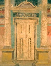 Parede de Aeacus com decoração cenográfica a fresco com porta falsa, da Villa Romana de Boscoreale (Nápoles), Civilização Romana,