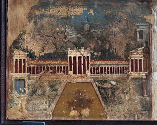 Afresco romano antigo com temas arquitectónicos de Pompeia