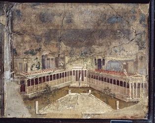 Afresco romano antigo com temas arquitectónicos de Pompeia