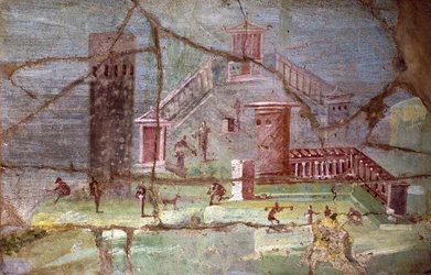 Afresco romano antigo com paisagem de Pompeia