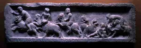 Baixo-relevo de uma caça ao touro, romana, século III d.C. (mármore)
