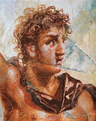 Pormenor de um fresco representando Alexandre, do Casamento de Alexandre (Ares) e Stateira (Afrodite), Regio 6 Insula Occidentalis 39, Pompeia (Lista do Património Mundial da UNESCO