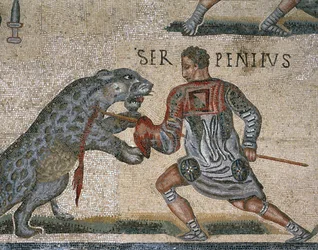 Detalhe de um mosaico de um Gladiator Fight, originalmente da Torre Nuova