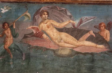 Pormenor do fresco da Casa de Vénus em concha, Pompeia, Campânia, Civilização Romana