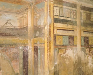 Pormenor de um fresco, parte de uma decoração de parede, Casa do Labirinto, Pompeia , Campânia, Civilização Romana