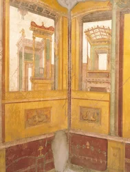 Pormenor de parede com frescos em arquitetura falsa, Casa de Vettii, Pompeia, Campânia, Civilização Romana