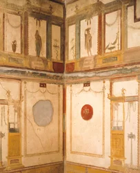 Pormenor dos frescos que decoram o quarto, Casa de Vettii, Pompeia, Campânia, Civilização Romana