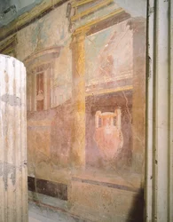 Pormenor de frescos na sala do triclínio, Casa do Labirinto, Pompeia, Campânia, Civilização Romana