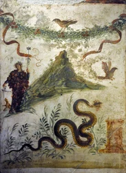 Dionysos vetu de cachos de uvas em frente ao Monte Vesúvio - Fresco de Pompeia, casa diel centenario (casa do centenário) - Nápoles, Museu Arqueológico Nacional