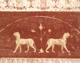 Decoração em afresco da Sala do Tablino, Casa de Marcus Lucretius Fronto, Pompeia , Campânia, Civilização Romana