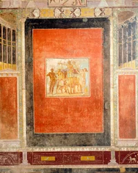 Decoração em afresco da Sala do Tablino, Casa de Marcus Lucretius Fronto, Pompeia , Campânia, Civilização Romana