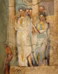 Fresco representando Iphigenia em Tauris, Detalhe de empregadas, da Casa de L. Caecilius Giocondus em Pompéia, Itália