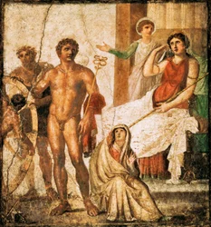 Afresco representando a Tortura de Issone, da Casa de Vettii, Pompeia, Campânia