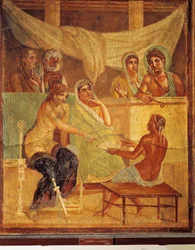 Fresco representando e A.D.metus e Alcestis oráculo consultivo, da Casa do Poeta Trágico, Pompeia, Itália