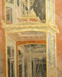 Afresco representando a decoração arquitetónica, Casa de Loreio Tiburtino, Pompeia , Campânia, Civilização Romana