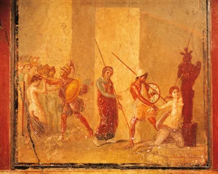 Fresco representando o encontro entre Príamo, Menelau e Helena no Palácio Real, Pompeia , Campânia, Civilização Romana