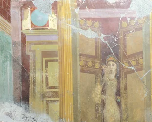 Afresco representando decoração arquitetónica falsa e figura de mulher, de Casa de Fábio Rufo, Pompeia , Campânia, Civilização Romana