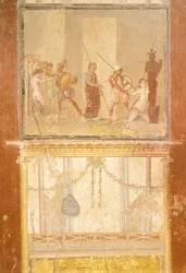 Afresco representando o encontro de Príamo, Menelau e Helena e Arisácio perseguindo Cassandra, da Casa de Menandro, Pompeia , Campânia, Civilização Romana
