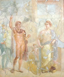 Afresco representando um tema mitológico, Casa de Fábio Rufo, Pompeia , Campânia, Civilização Romana
