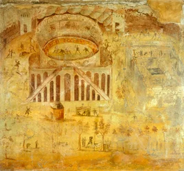 Afresco representando a disputa entre Pompeianos e Nocerini no anfiteatro, de Pompeia , Campânia, Civilização Romana