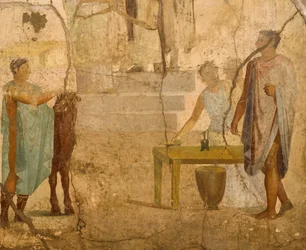 Afresco representando uma cena de sacrifício, decoração da Casa dos Cupidos dourados, Pompeia , Campânia, Civilização Romana