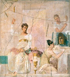 Fresco representando uma cena de teatro, da Basílica de Herculano (Património Mundial da UNESCO
