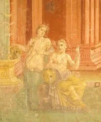Fresco em quarto estilo pompeiano sobre fundo vermelho, Casa de Pinario Ceriale, Pompeia, Campânia, Civilização Romana
