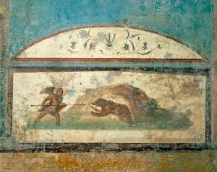 Afresco representando cena de caça, de Casa da Caça Antiga, Pompeia , Campânia, Civilização Romana