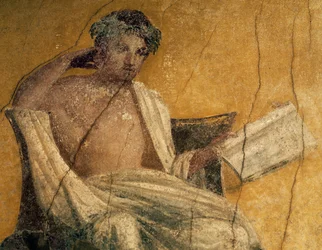 Dramaturgo grego Menandro, pormenor de um fresco, peristilo da Casa de Menandro, Pompeia, Campânia, Itália, civilização romana