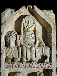 Arte romana tardia: estela dediee a "Saturno augusto" (Saturno Agosto) Roma Museo della Civilta Romana
