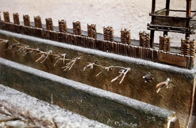 Modelo que reproduz o cerco e a batalha de Alesia em setembro de 52 a.C. por Jules Cesar que viu a derrota de Vercingetorix. Detalhe representando o sistema de defesa construído por César. Roma, Museo della Civilta Romana