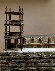 Modelo que reproduz o cerco e a batalha de Alesia em setembro de 52 a.C. por Jules Cesar que viu a derrota de Vercingetorix. Detalhe representando o sistema de defesa construído por César. Roma, Museo della Civilta Romana