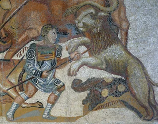 Mosaico, mostrando, um, cena, de, um, besta selvagem, caça, detalhe, de, um, gladiador, matança, um, selvagem, animal