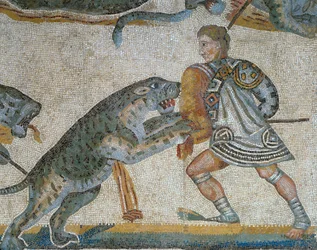 Mosaico, mostrando, um, cena, de, um, besta selvagem, caça, detalhe, de, um, gladiador, matança, um, selvagem, animal