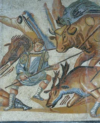Mosaico, mostrando, um, cena, de, um, besta selvagem, caça, detalhe, de, um, gladiador, matança, um, animal